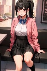 ai_generated bare_legs black_eyes black_hair black_socks girlfriend_(japanese_mcdonald's_commercial) knee_socks kneehighs kneesocks large_breasts mcdonald's pink_jacket school_uniform socks stable_diffusion thick_thighs yoru_mac