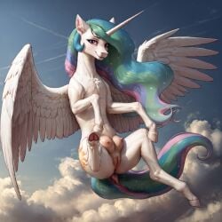 ai_generated alicorn crotchboobs equid equine flying friendship_is_magic fur furry hasbro horn horse long_hair my_little_pony nipples pink_eyes pony princess_celestia_(mlp) pussy smile white_body white_fur