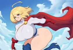 ai_generated alien alien_girl big_breasts cape dc dc_comics female flying kryptonian mullon novelai power_girl solo superheroine voluptuous voluptuous_female wide_hips