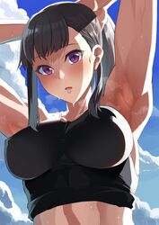 1girls 2d armpits asakura_kukuri big_breasts blush breasts brown_hair enen_no_shouboutai female female_focus female_only fire_force hands_behind_head hands_on_own_head long_hair looking_at_viewer looking_down nipple_bulge open_mouth oze_maki purple_eyes solo steamy_armpits sweat