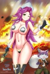 1girls angela_(seiken_densetsu_3) angela_(trials_of_mana) armor bikini bikini_armor blas7hatvga breasts cat_humanoid explosion fan_art fanart female gloves green_eyes magic magic_user magical_girl meteor nipple_pasties purple_hair seiken_densetsu thighhighs wink