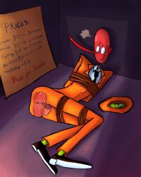 1boy anus anus_juice ass asshole bald balls blush embarrassed male male_only mostly_clothed mr._stick pizza_tower prostitution ripped_clothing ripped_pants skinny small_balls solo_male suit sweat tied_up toony toony_face