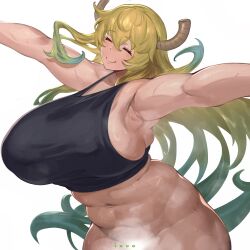 big_breasts dragon_girl dragon_horns huge_breasts ibuo long_hair miss_kobayashi's_dragon_maid multicolored_hair quetzalcoatl_(dragon_maid) sweat sweatdrop voluptuous_female