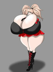 2016 ass_expansion big_breasts blue_eyes breast_expansion cleavage danganronpa hair_ornament hocuspukeus hourglass_figure huge_ass huge_breasts hyper hyper_ass hyper_breasts junko_enoshima skirt smooth_skin thick_thighs twintails voluptuous