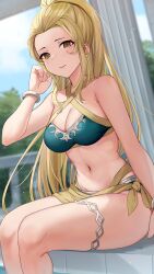 1girls bikini blonde_hair blue_bikini blue_swimsuit breasts cleavage commission female female_only fire_emblem fire_emblem_engage hair_pulled_back haru_(nakajou-28) high_ponytail highres jade_(fire_emblem) large_breasts long_hair looking_at_viewer midriff navel nintendo official_alternate_costume ponytail sarong skeb_commission smile solo swimsuit very_long_hair yellow_eyes