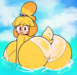 2024 animal_crossing anthro ass beach bell big_breasts big_butt bikini blue_in_den blush breasts brown_eyes canid canine clothing colored digital_media_(artwork) female fur genitals hair isabelle_(animal_crossing) mammal nintendo ponytail pussy rear_view sea seaside shaded simple_shading sky smile solo solo_focus sunny_day swimwear translucent translucent_bikini translucent_clothing translucent_swimwear water wet yellow_body yellow_fur