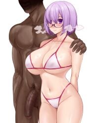 1boy 1girls bikini breasts censored cheating dark-skinned_male dark_skin fate/grand_order fate_(series) female glasses hair_over_one_eye huge_breasts huge_cock imminent_sex interracial light-skinned_female light_skin male mash_kyrielight namidame naughty_face netorare ntr penis pink_hair purple_eyes short_hair unseen_male_face