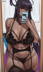 1girls abs black_hair blue_archive bra breasts brown_skin cleaning_&_clearing_(blue_archive) cromwellb dark-skinned_female dark_skin female halo hi_res huge_breasts karin_(blue_archive) karin_kakudate long_hair millennium_science_school_student naughty_face panties selfie yellow_eyes