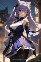 ai_generated anime bare_shoulders blush breasts cute female genshin_impact girl keqing_(genshin_impact) looking_at_viewer medium_breasts piercing_thunderbolt purple_eyes purple_hair solo underpants