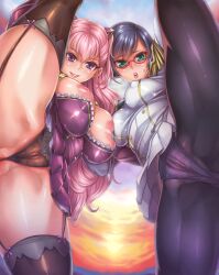 2girls asymmetrical_docking axe_kick blue_hair blush breast_press breasts cameltoe charlotte_shalzen cleavage curvy epaulettes fingerless_gloves flexible garter_straps glasses gloves green_eyes highres inverted_nipples large_areolae large_breasts leg_lift leg_up long_hair looking_at_viewer marvelous momofuki_rio multiple_girls nipple-to-nipple nipples open_mouth panties panties_under_pantyhose pantyhose pink_hair plump purple_eyes red-framed_eyewear shigure_kasumi short_hair skirt smile split standing standing_on_one_leg standing_split thighhighs thighs underwear uniform valkyrie_drive valkyrie_drive_-mermaid-