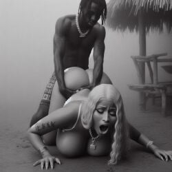 ai_generated artist_request black_and_white celebrity dall-e3 dark-skinned_female dark-skinned_male doggy_style grabbing_hips hip_grab large_ass large_breasts large_penis monochrome nicki_minaj nude nude_female nude_male