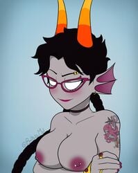 1girls 2019 ballisticmel black_hair blue_background blush breasts collar crossed_arms eyebrow_piercing fin_piercing fins glasses grey_skin homestuck horns jewelry long_hair meenah_peixes ms_paint_adventures naked nipple_piercing nipples pink_lips pink_nails rings smile tattoo topless troll white_eyes