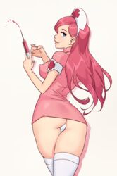 1girls ass blue_eyes cuddlepitgames erect_nipples_under_clothes eye_contact female long_hair looking_at_viewer looking_back nintendo nurse nurse_cap nurse_joy nurse_uniform pale-skinned_female pale_skin panties pokemon pokemon_(anime) white_background