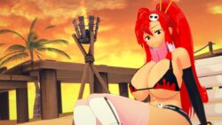 1girls 3d 3d_(artwork) bare_shoulders beach belt big_breasts bikini_top boots breasts clothing clouds elbow_gloves evening female female_only hair_ornament half-closed_eyes hotpants huge_breasts human human_only koikatsu large_breasts laying leaning_back long_hair looking_at_viewer palm_tree patreon pink_legwear ponytail pose red_hair revealing_clothes scarf skull_hair_ornament sky smiling solo takeo92 tengen_toppa_gurren_lagann yellow_eyes yoko_littner