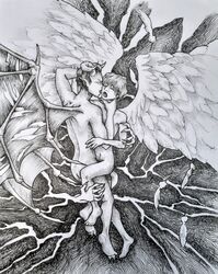 2boys angel_boy angel_wings demon_horns falling_feathers gay hand_on_neck lightning mid-air_suspension nude tattered_wings yaoi yaoidrinker