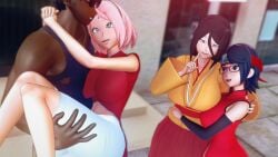 1boy 3d 3girls black_hair boruto:_naruto_next_generations brown_hair clothed dark-skinned_male dark_skin female hyuuga_hanabi koi-animex koikatsu male mother_and_daughter multiple_girls naruto naruto_(series) ninja_headband oyakodon pink_hair princess_carry sakura_haruno sarada_uchiha