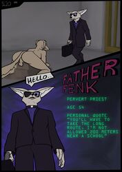 anthro balls bondage bound briefcase canid canine canis clothed clothing comic dialogue domestic_dog duo eyewear fennec fox game_show genitals glasses hi_res imminent_rape male male/male mammal nude oldgreg page_20 priest speech_bubble suit text