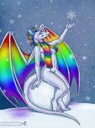 anthro blue_eyes breasts claws dragon female female_only linsey_huish multicolored_body sidian simple_background sitting smile snow solo tail white_body wings