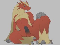 1boy 2019 4:3 anthro blaziken blue_eyes erection feathers flat_colors front_view genitals grey_background hi_res hidoritoyama humanoid_genitalia humanoid_penis male male_only nintendo non-mammal_balls nude penis pokemon pokemon_(species) red_body red_feathers simple_background solo tongue tongue_out video_games