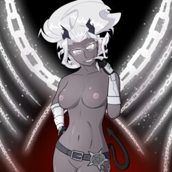 1girls angel areolae belt big_breasts bondage breasts chains claws dark-skinned_female dark_skin demon demon_girl demon_horns demon_tail eyebrows fangs female female_only functionally_nude gloves glowing_eyes grin hair hell helltaker hips horns judgement_(helltaker) looking_at_viewer midriff mostly_nude navel nipples pentagram pussy shadowlewdity smile solo solo_female stomach tail teeth white_hair wide_hips