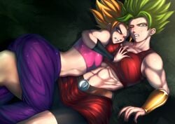 2girls angry belly belt big_breasts blonde_hair breast_press breasts caulifla clothed dno dragon_ball dragon_ball_super female female_only green_hair kale kale_(berserker) legendary_super_saiyan light-skinned_female light_skin multiple_girls muscles muscular muscular_female saiyan short_hair spiky_hair super_saiyan super_saiyan_2 tight_clothing