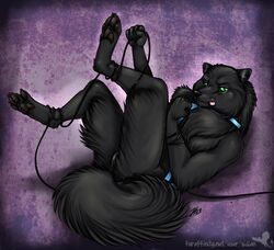 anthro black_fur canine female female_only fluffy fluffy_tail fur genitals green_eyes laying_down linsey_huish pussy sidian simple_background solo tail tongue tongue_out vagina wolf