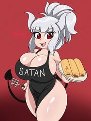 1girls 2020 3:4 alternate_body_type alternate_breast_size alternate_version_at_source alternate_version_available apron apron_only big_breasts breasts bursting_breasts cleavage cleavage_overflow clothed clothed_female clothing demon demon_horns demon_humanoid demon_tail dessert eyebrows eyelashes female food hair helltaker horn horned_humanoid huge_breasts humanoid long_hair looking_at_viewer lucifer_(helltaker) mature_female mole mole_(marking) mole_under_eye mostly_nude nr_ac overflowing_breasts pancake red_background red_eyes red_text sharp_teeth simple_background smile solo spade_tail text text_on_clothing thick_thighs tongue white_body white_eyebrows white_hair white_horn white_horns wide_hips