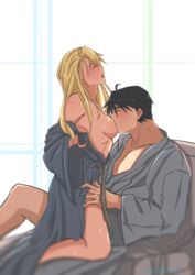 1boy 1girls black_hair blonde_hair blush breast_sucking breasts closed_eyes clothing female fullmetal_alchemist mikadzuki_eru moaning riza_hawkeye roy_mustang straddling straight