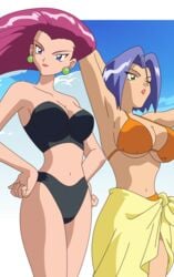 1boy 1girls armpits arms_up beach big_breasts bikini black_swimsuit blue_eyes blue_hair blue_sky breasts cloudy_sky crossdressing ear_piercing earrings fake_breasts femboy green_earrings green_eyes hand_behind_head hands_on_hips hands_on_own_hips huge_breasts james_(pokemon) jessie_(pokemon) large_breasts lipstick long_hair male_with_breasts navel nintendo one_eye_closed open_mouth orange_swimsuit panties pearls pink_hair pokemon pokemon_rgby purple_hair red_lipstick seductive seductive_eyes seductive_look seductive_pose seductive_smile sexy_armpits shiny shiny_eyes shiny_hair sky swimsuit team_rocket towel towel_around_waist white_clouds yellow_towel