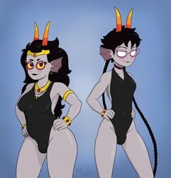 2020 2futas ballisticmel black_hair blue_background bulge clothed clothing collar feferi_peixes fin_piercing fins fully_clothed futa_only futanari glasses grey_skin hand_on_hip hands_on_hips homestuck horns humanoid jewelry long_hair meenah_peixes ms_paint_adventures no_pupils one-piece_swimsuit penis_under_clothes swimsuit troll white_eyes yellow_eyes