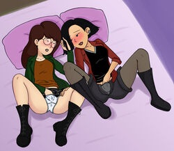 2girls alternate_version_available bed blush boots clothed_on_nude clothing daria daria_morgendorffer duel_masturbation earrings female_protagonist fufan glasses jacket jane_lane legs_apart looking_at_partner masturbating_under_clothes masturbation multiple_girls on_bed open_shorts panties panties_under_pantyhose pantyhose pillows shirt shorts side_by_side skirt skirt_up yuri