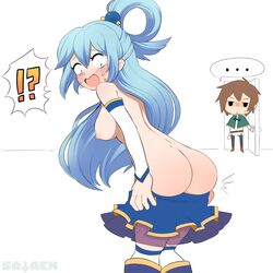 !? ... 1:1 1boy 1girls aqua_(konosuba) areolae ass big_ass blue_hair blush boots breasts brown_hair female goddess hair_ornament kono_subarashii_sekai_ni_shukufuku_wo! legwear light-skinned_female light-skinned_male light_skin long_hair male nipples pale-skinned_female pale-skinned_male pale_skin sataenart satou_kazuma sideboob skirt surprised thick_ass undressing