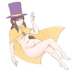 a_hat_in_time aged_up blue_eyes brown_hair cape functionally_nude hat hat_adult hat_kid hskcomms legs naughty_face nude peace_sign