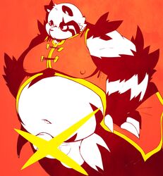 2020 absurd_res anthro balls belly censored chiro_(artist) clothed clothing erection fanfan fur genitals giant_panda hi_res kemono male male_only mammal navel overweight overweight_anthro overweight_male penis red_background simple_background solo ursid white_body white_fur