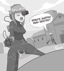 1boy 1girls 2d artist_request ass cum cum_in_pussy cum_inside dominant_male electricity engineer engineer_(team_fortress_2) female machine mimi_sentry mini_sentry robot robot_girl sentry sentry-chan sentry_(team_fortress_2) sentry_turret spy submissive_female team_fortress_2 text tf2 valve valve_(company) young