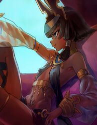 1girls arm_support blunt_bangs blush bob_cut cygames dark_skin detached_sleeves dragalia_lost egyptian egyptian_clothes egyptian_headdress erect_nipples gold jewelry navel_piercing nefaria nintendo petite raised_arm sheer_clothing small_breasts smile xufuge_(artist)