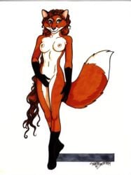 absurdres anthro breasts canid canine female fluffy fluffy_tail fox fur furry genitals highres looking_at_viewer mammal nipples pussy red_fox red_hair solo terrie_smith traditional_media_(artwork)