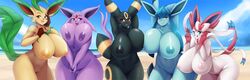 2020 amber_eyes anthro anthrofied beach belly bent_over big_breasts black_body black_fur blue_eyes blush breast_expansion breast_press breasts breasts_squeeze canid canine curvy_figure detailed_background digital_media_(artwork) eeveelution espeon female female_only front_view fur genitals gesture glaceon hands_behind_head hi_res huge_breasts leafeon looking_at_viewer mammal mleonheart multicolored_body multicolored_fur navel nintendo nipples nude open_mouth outside overweight overweight_anthro overweight_female pink_body pink_fur pokémorph pokemon pokemon_(species) pose purple_body purple_eyes purple_fur pussy raised_arm red_eyes seaside standing sylveon tan_body tan_fur thick_thighs tongue tongue_out two_tone_body two_tone_fur umbreon v_sign video_games voluptuous white_body white_fur wide_hips