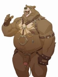 1boy 2018 accessory anthro balls ballsack bara beefy belly belt biceps body_fur brown_fur chains cock_ring fingerless_gloves foreskin foreskin_folds furry genital_piercing genitals gloves handwear harness highres humanoid_genitalia humanoid_penis intact jewelry male male_nipples male_only male_pubic_hair mammal masculine mostly_nude_male musclegut muscles muscular_male nessfwkain nipple_chain nipple_piercing overweight overweight_anthro overweight_male partially_retracted_foreskin pecs penis penis_accessory penis_jewelry penis_piercing piercing prince_albert_piercing scrotum semi-erect simple_background solo standing testicles tongue tongue_out tongue_piercing uncut ursid veiny_penis white_background