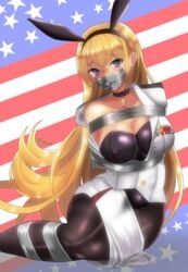 american_flag azur_lane blonde_hair blue_eyes bondage bound bunny_ears bunnysuit cleavage duct_tape femsub gag gagged large_breasts long_hair north_carolina_(azur_lane) old_glory pantyhose restrained star-spangled tape tape_gag taped taped_mouth tears tied tied_up