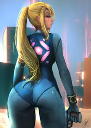 1girls ass ass_focus back_view big_ass big_butt blonde_hair bodysuit bracelet bubble_ass bubble_butt butt_focus cityscape dat_ass female firearm gun handgun holding_object huge_ass human indoors long_hair looking_at_viewer looking_back metroid nintendo orionm pale_skin pinup ponytail pose samus_aran skin_tight solo solo_focus standing very_long_hair weapon window wristwear zero_suit zero_suit_samus