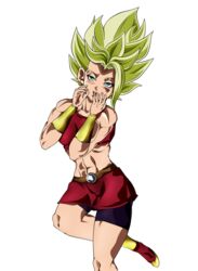 1girls abs blush breasts clothed clothes clothing dragon_ball dragon_ball_super earrings female female_focus female_only gold_bracelet green_eyes green_hair kale kale_(berserker) legendary_super_saiyan legs looking_pleasured muscles muscular muscular_female naughty_face nuggetmcfly saiyan shiny shiny_skin solo solo_female solo_focus super_saiyan super_saiyan_2 thick_legs thick_thighs thighs