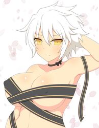 big_breasts breasts covered_nipples eyebrows eyebrows_visible_through_hair hair_between_eyes looking_at_viewer miyabi_(senran_kagura) naked_female naked_ribbon nipple_bulge no_bra ribbon senran_kagura white_hair yellow_eyes