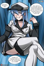 27lsd akame_ga_kill! big_breasts blue_eyes blue_hair esdeath_(akame_ga_kill!) parody_porn skirt thick_thighs uniform