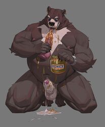 2018 5_fingers anthro balls bear biceps bodily_fluids clock cum cum_on_ground dildo ear_piercing eating erection facial_piercing fingers food food_fetish food_play foreskin genital_fluids genitals honey humanoid_dildo humanoid_genitalia humanoid_penis kneeling male male_only mammal musclegut muscular muscular_anthro muscular_male navel nesskain nipple_piercing nipples nose_piercing nose_ring nude pecs penis piercing sex_toy simple_background solo solo_male uncircumcised uncut ursid watch