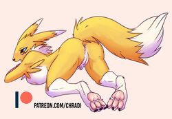 anthro anus ass blue_eyes blush breasts chradi digimon digimon_(species) female genitals looking_back open_mouth pawpads paws presenting presenting_pussy pussy renamon solo text url