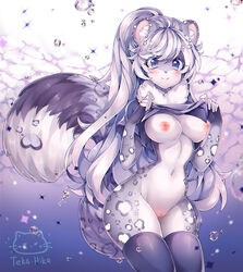 anthro blue_eyes blush bottomless breasts clothing colored drawing felid female female_focus flashing flashing_breasts fluffy fluffy_tail fur furry furry_only genitals hair legwear leopard lingerie long_hair mammal mostly_nude naked nude pantherine panties patch_(disambiguation) pussy shaded snow solo solo_female solo_focus stockings tail tekahika topwear underwear water wet ych_(character)