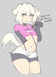 1boy animal_ears blonde_hair collar crop_top dog_boy english_text femboy girly leash male male_only nelewdy nelody petplay short_shorts shorts solo tail text trap