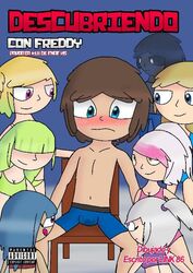 1boy 7girls blue_eyes brown_hair cami_(fnafhs) chica_(fnafhs) fnafhs fnafhs_z3ro fred_(fnafhs) freddy_(fnafhs) gangbang gangrape human joy_(fnafhs) lily_(fnafhs) mai_(fnafhs) male meg_(fnafhs) penis_bulge toony