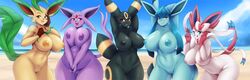 2020 5girls amber_eyes anthro anthrofied beach belly bent_over big_breasts black_body black_fur blue_eyes blush breast_expansion breasts canid canine curvy_figure detailed_background digital_media_(artwork) eeveelution espeon female female_focus female_only front_view fur furry furry_only genitals gesture glaceon hands_behind_head hi_res leafeon looking_at_viewer mammal mleonheart multicolored_body multicolored_fur naked navel nintendo nipples nude open_mouth outside overweight overweight_anthro overweight_female pink_body pink_fur pokémorph pokemon pokemon_(species) pose purple_body purple_eyes purple_fur pussy raised_arm red_eyes seaside standing sylveon tail tan_body tan_fur thick_thighs tongue tongue_out two_tone_body two_tone_fur umbreon v_sign video_games voluptuous white_body white_fur wide_hips